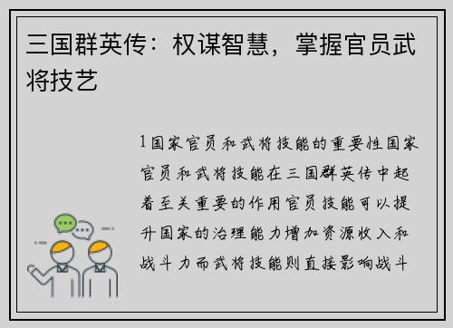 三国群英传：权谋智慧，掌握官员武将技艺