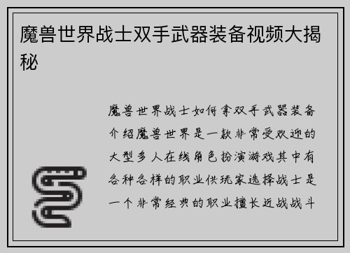 魔兽世界战士双手武器装备视频大揭秘